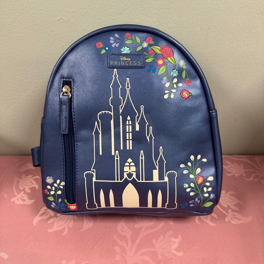Disney Princess Bioworld Mini Backpack Metallic Navy Blue Castle Floral